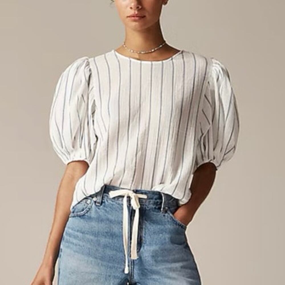 J.Crew Puff Sleeve Stripe Sheer Gauze Ivory Top Size Small NWT